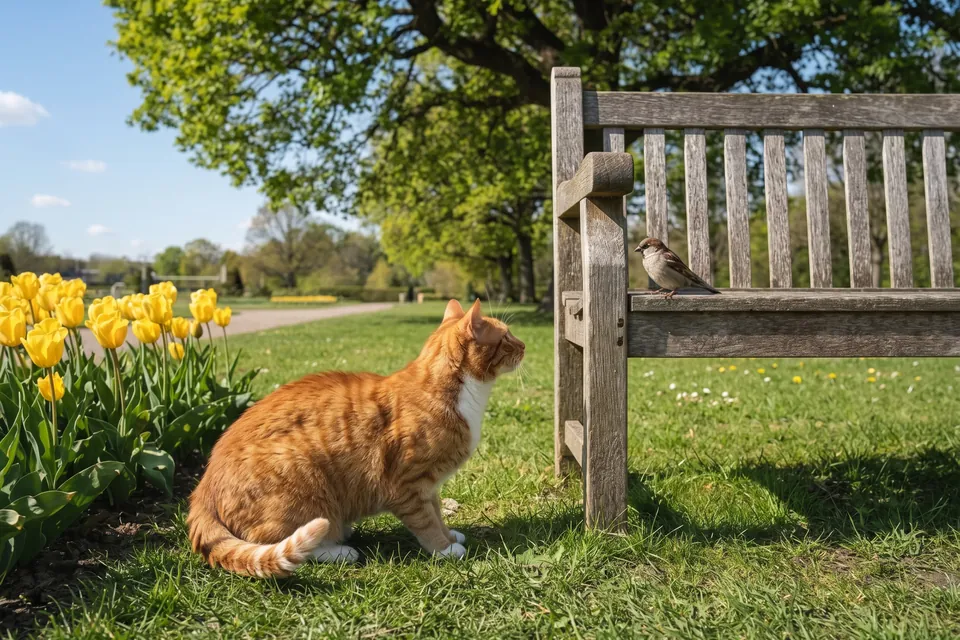 Die Katze sieht einen Vogel.
