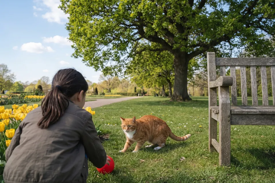 Das Mädchen spielt im Park.