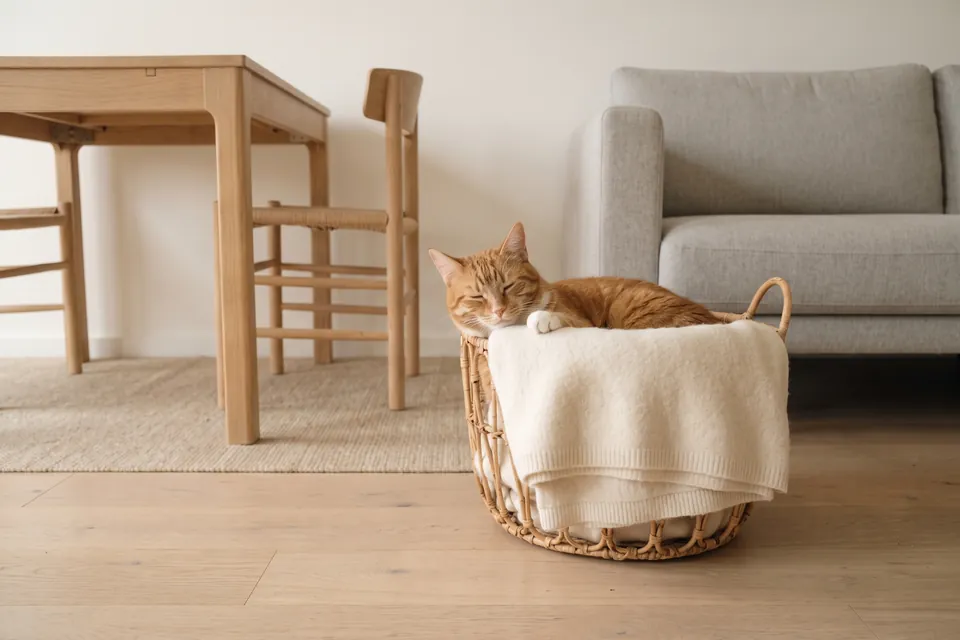 Die Katze schläft im Korb ein.