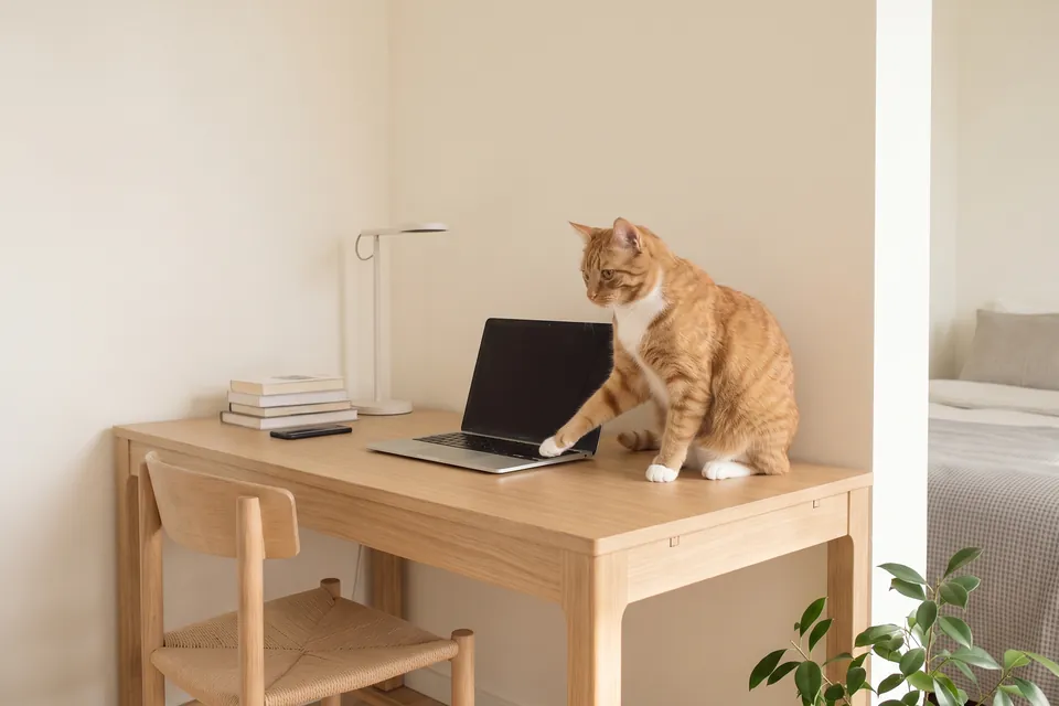 Die Katze sitzt am Laptop, als ob sie viel Arbeit hätte.