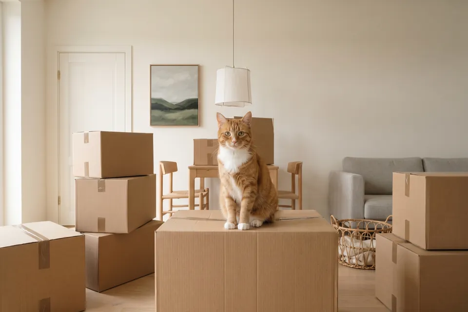 Die Katze sitzt auf den noch nicht ausgepackten Kartons.