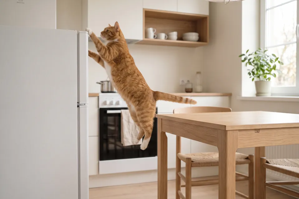 Die Katze ist zwar klein, aber sie springt sehr hoch.