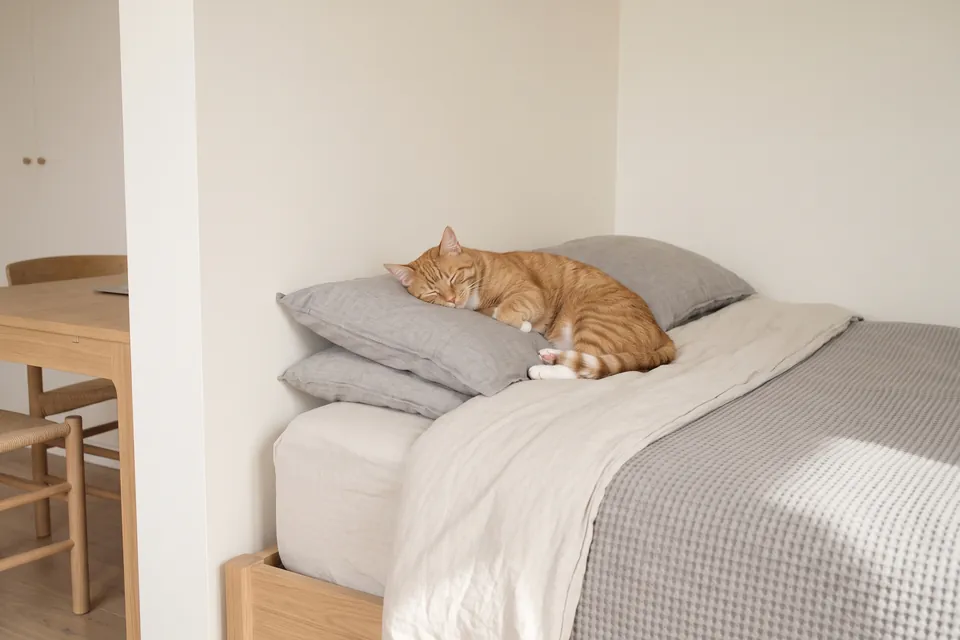 Die Katze schläft auf den Kissen.