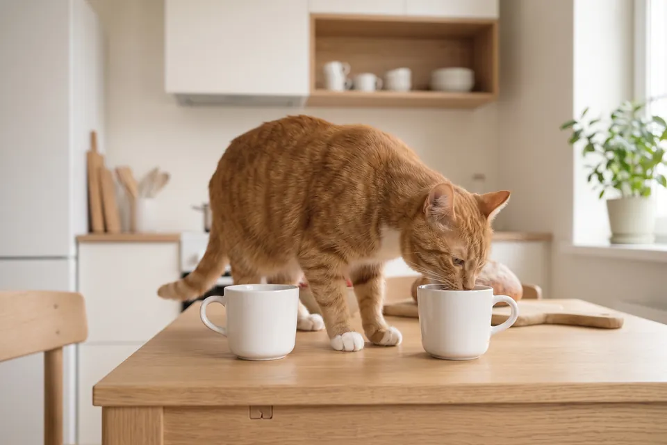 Die Katze trinkt aus dieser Tasse.