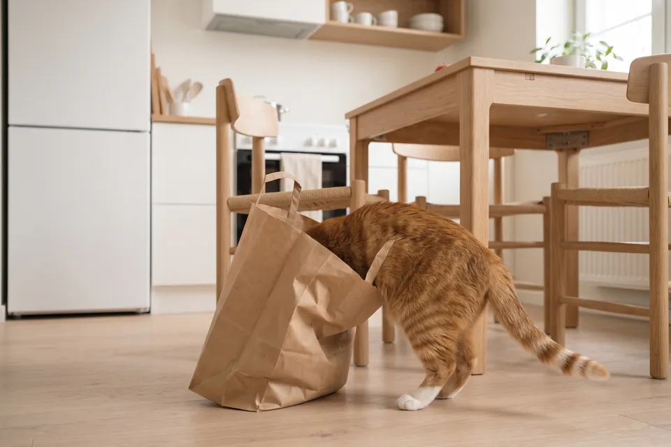 Die Katze möchte wissen, was in der Tüte ist.