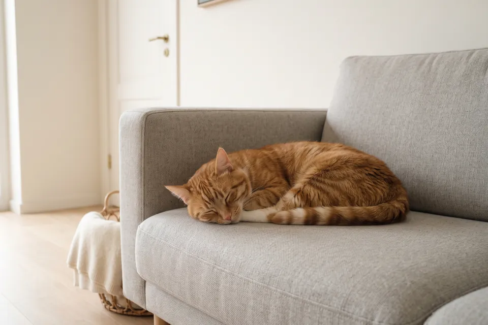 Wir lassen die Katze auf dem Sofa schlafen.