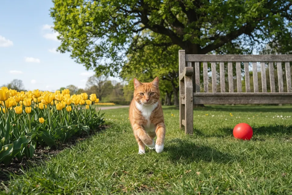 Die Katze läuft über die Wiese.
