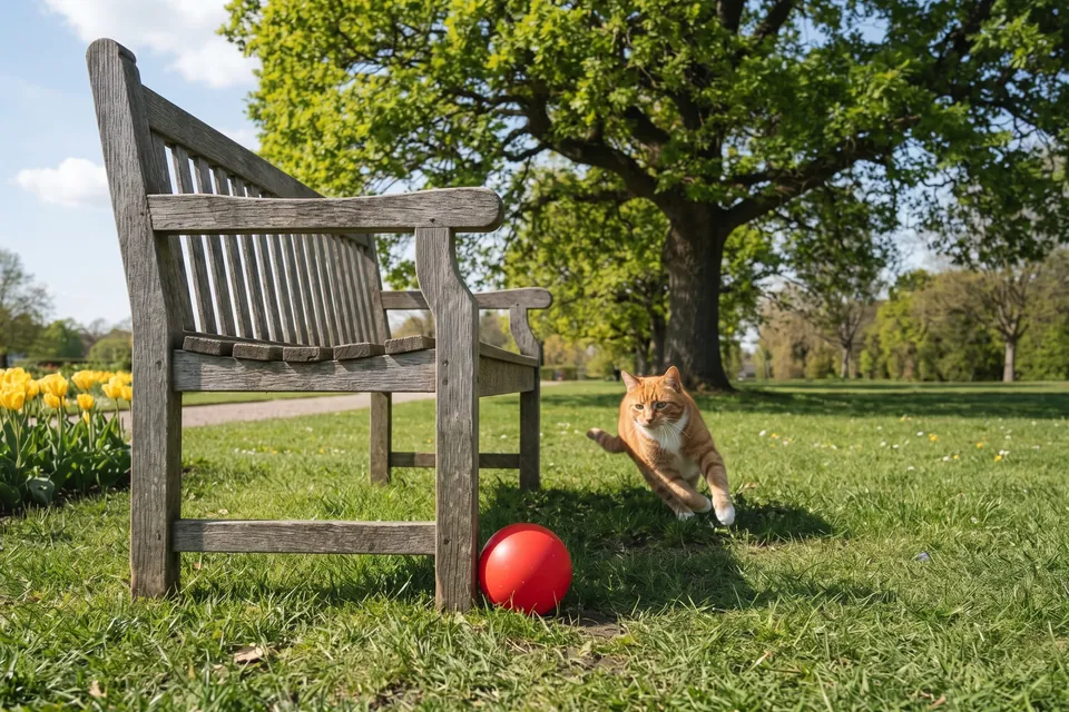 Der Ball rollt gegen die Bank.