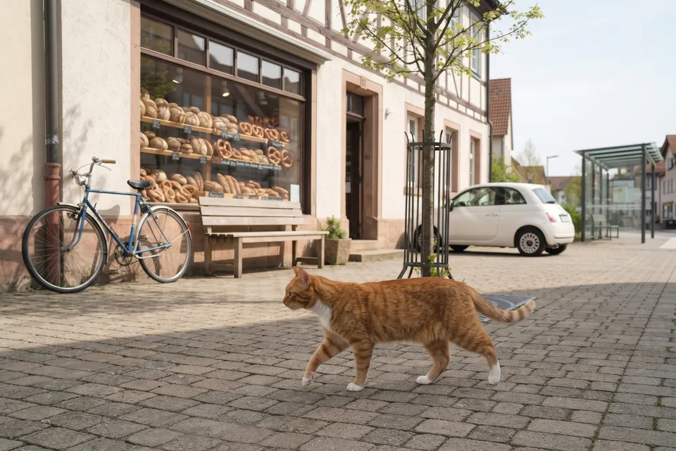 Die Katze läuft zur Bäckerei.