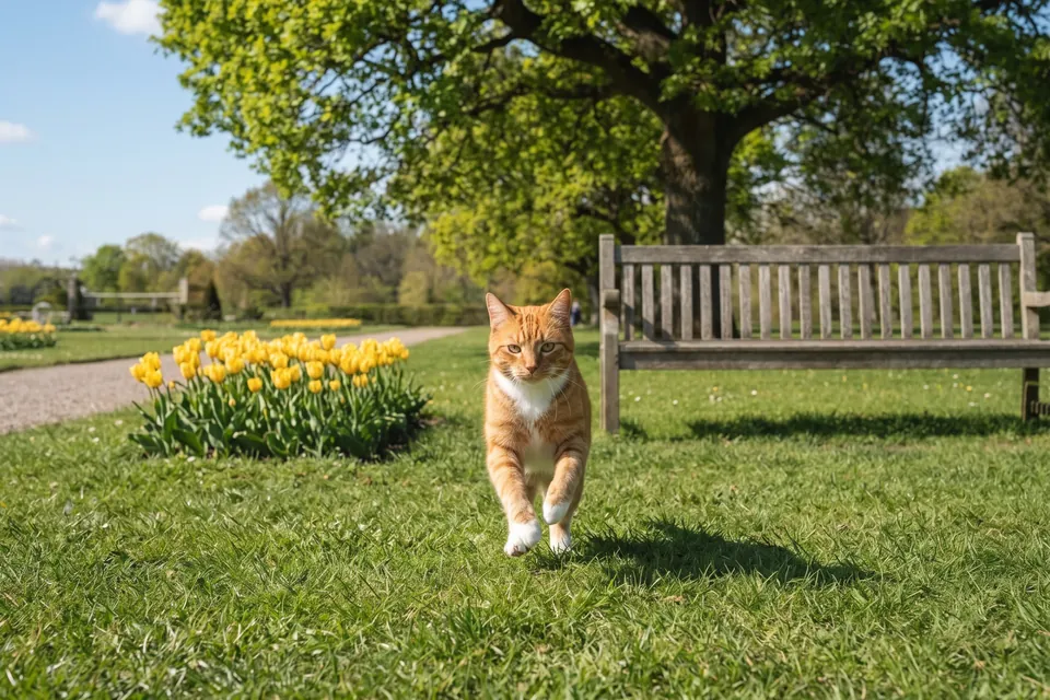 Die Katze läuft über die Wiese.