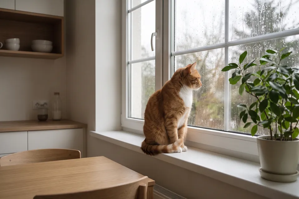Bei Regen bleibt die Katze zu Hause.