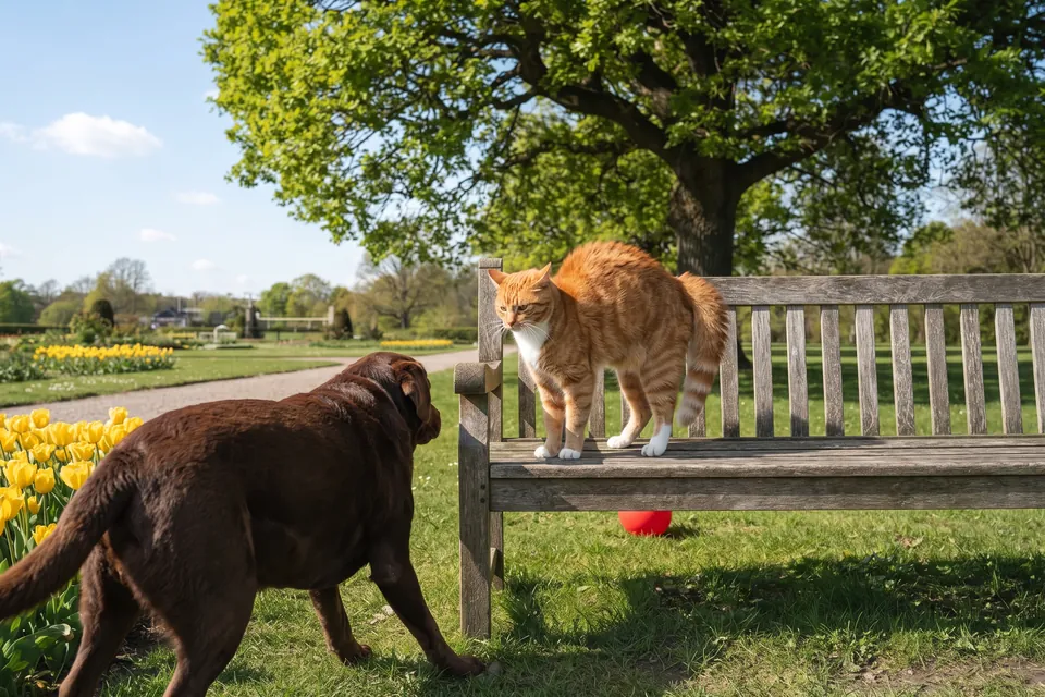Die Katze hat Angst vor dem Hund.