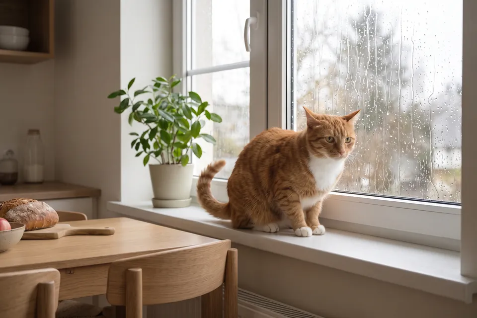 Die Katze ärgert sich über den Regen.