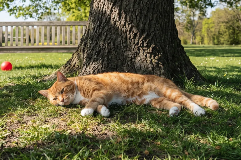 Die Katze liegt am Fuß des Baumes.