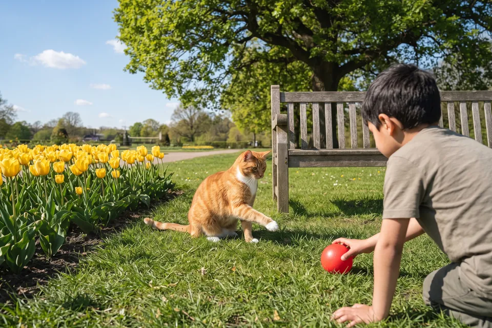 Die Katze spielt mit dem Jungen.