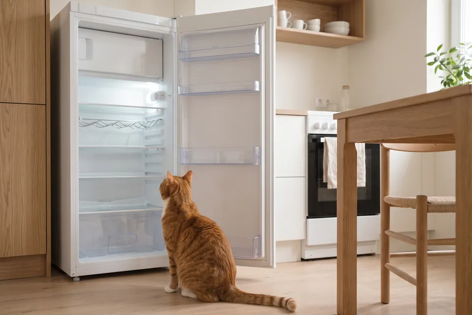 Die Katze sitzt vor … Kühlschrank.