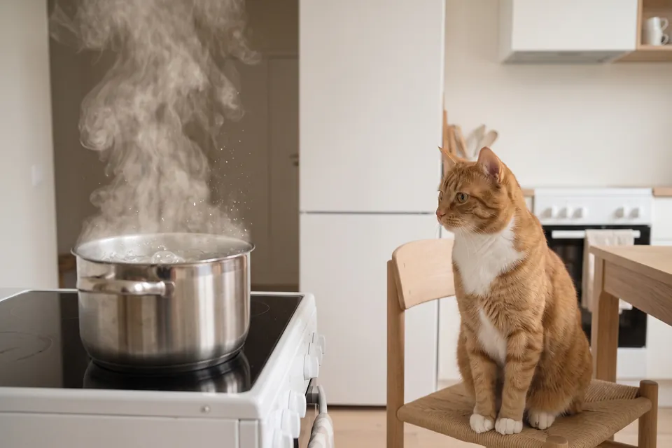Die Katze beobachtet das kochende Wasser.