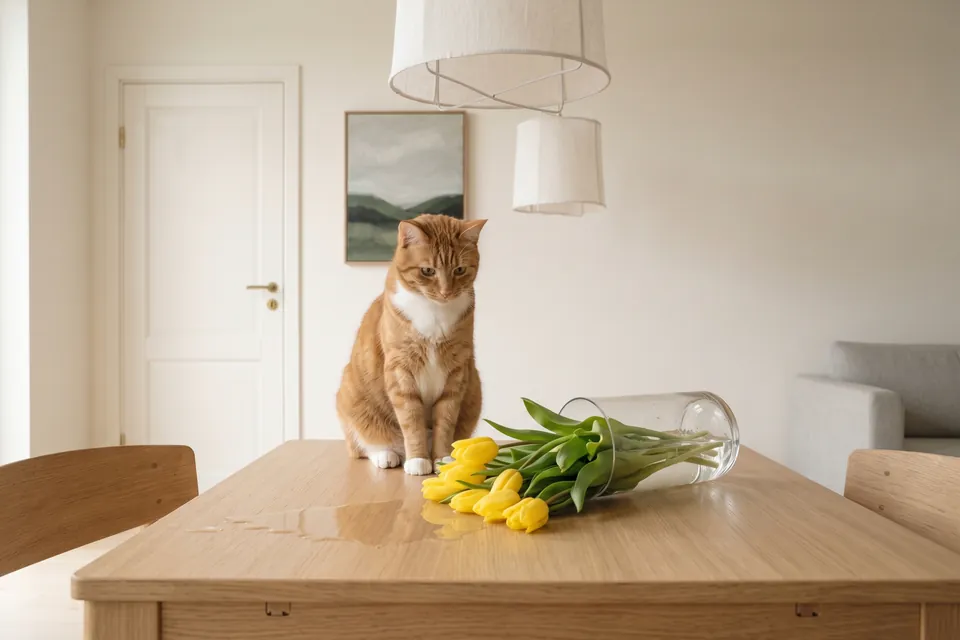 Die Katze sitzt neben der umgefallenen Vase.