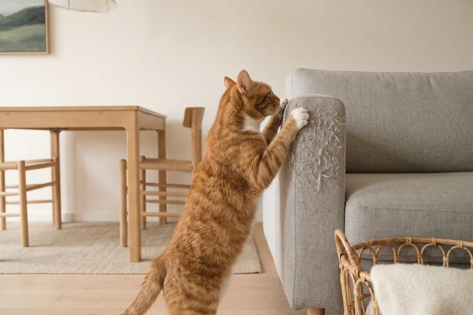 Das Sofa wird von der Katze zerkratzt.