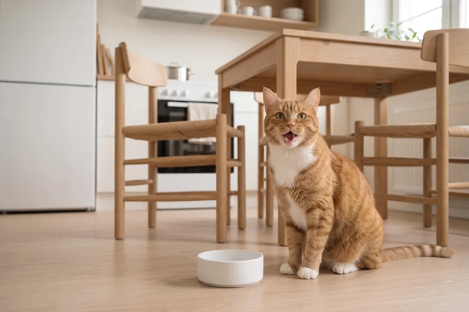 Am Morgen hatte die Katze Hunger.