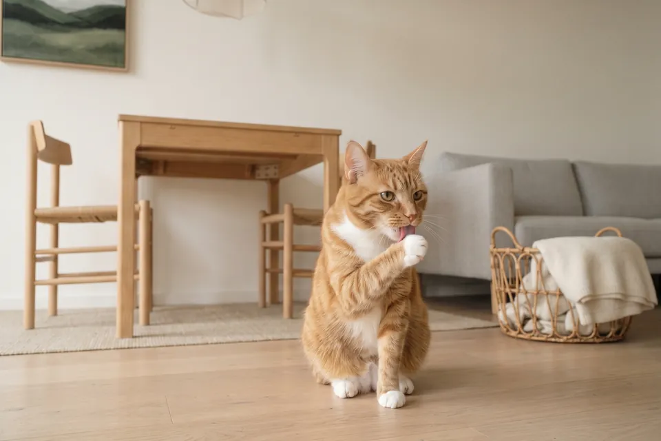 Die Katze wäscht sich die Pfote.
