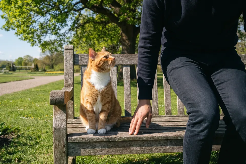 Ich setze mich neben die Katze.