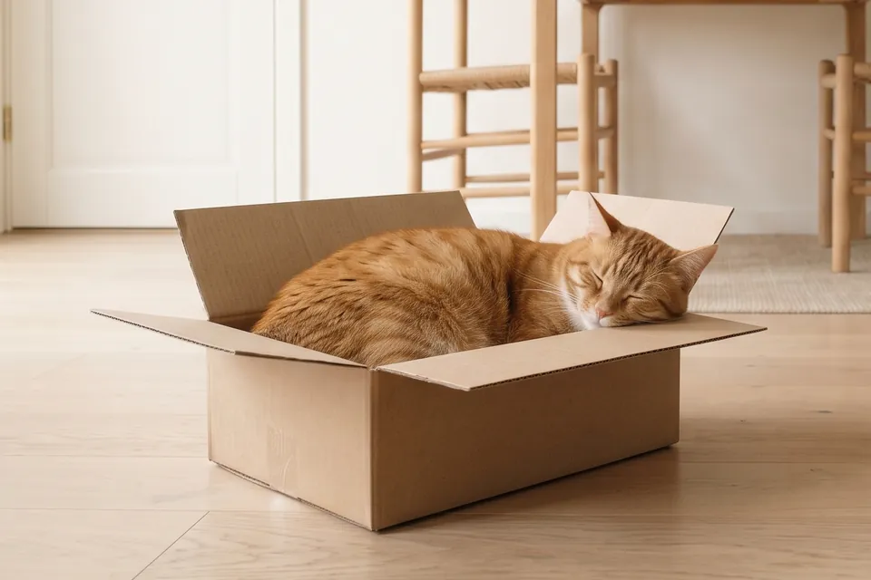 Weil die Katze keinen Korb hat, schläft sie im Karton.
