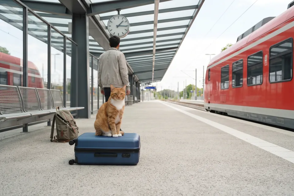 Der Mann, dessen Katze auf dem Koffer sitzt, wartet auf den Zug.
