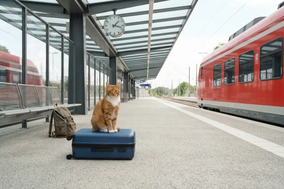 Die Katze hat einen Koffer.
