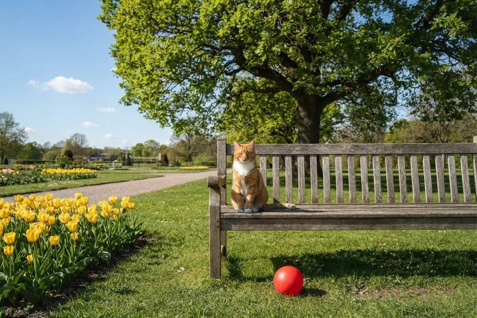 Die Katze will mit dem Ball spielen.