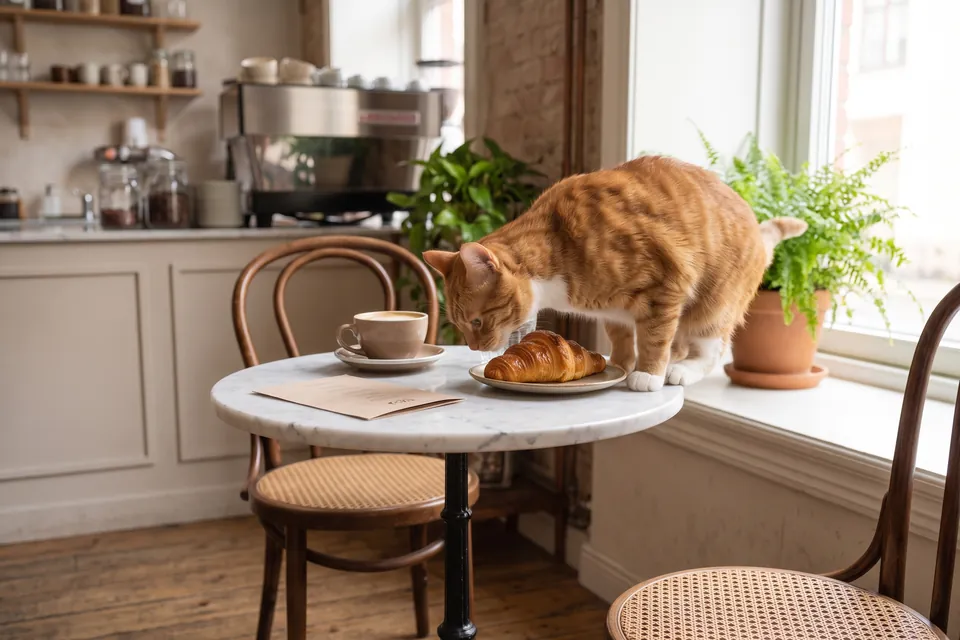 Die Katze hat das Croissant noch nicht gegessen.