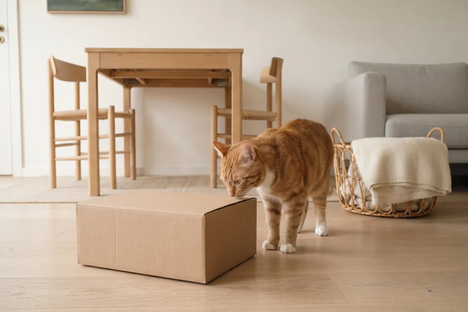 Die Katze ist neugierig auf das Paket.