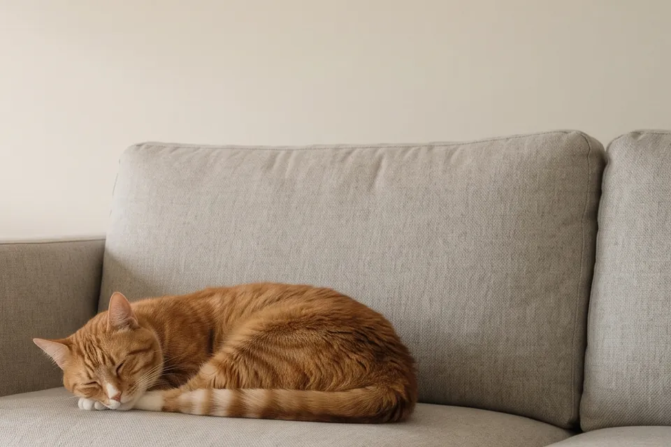 Die Katze schläft gern auf dem Sofa.