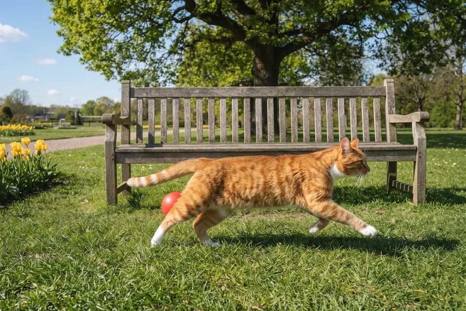 Auf der Wiese läuft die Katze ganz schnell.