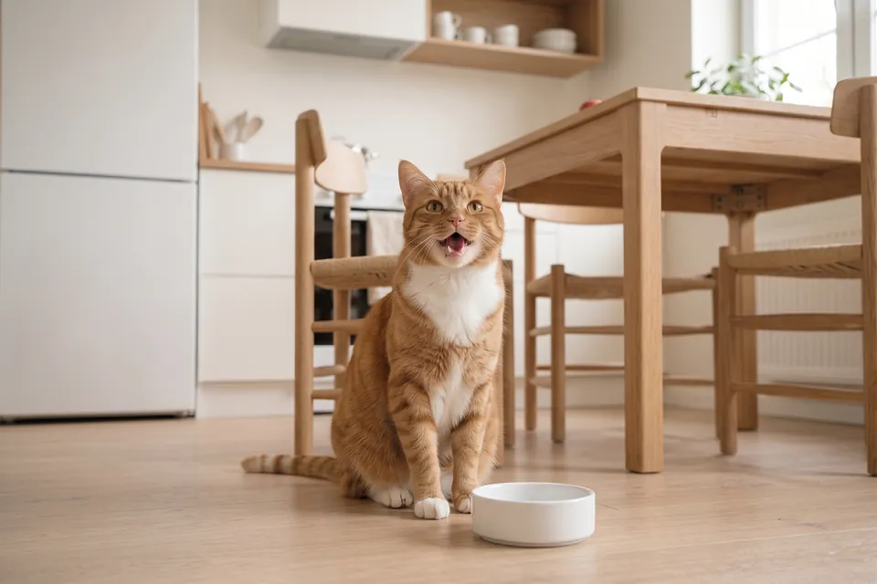 Die Katze miaut, als hätte sie seit Tagen nichts gefressen.