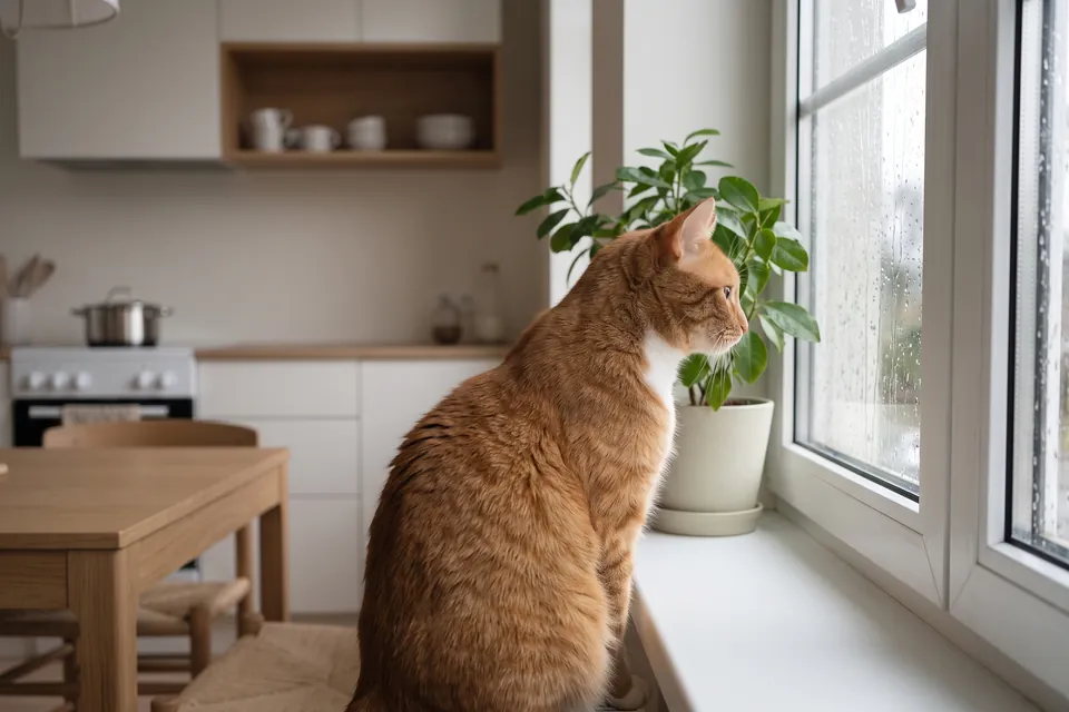 Die Katze bleibt drinnen, weil es regnet.