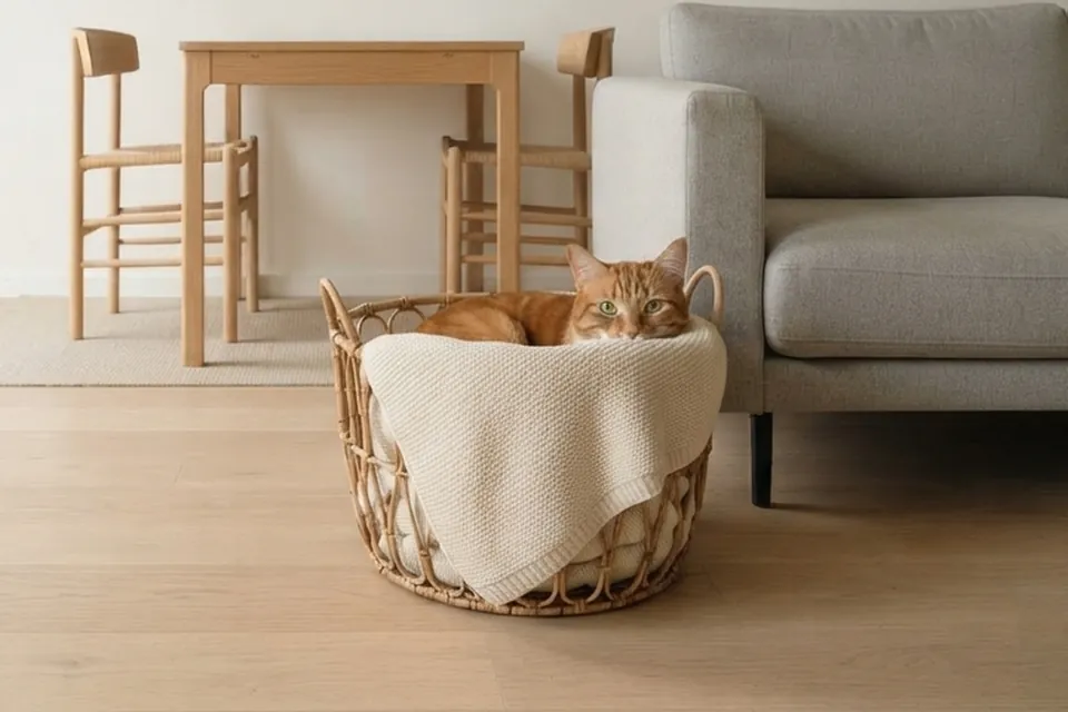 Die Katze ist im Korb.