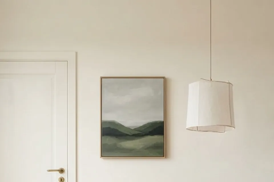 Das Bild hängt an der Wand.