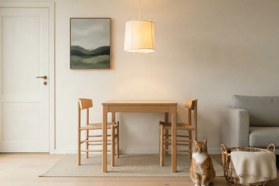 Die Lampe hängt oben.