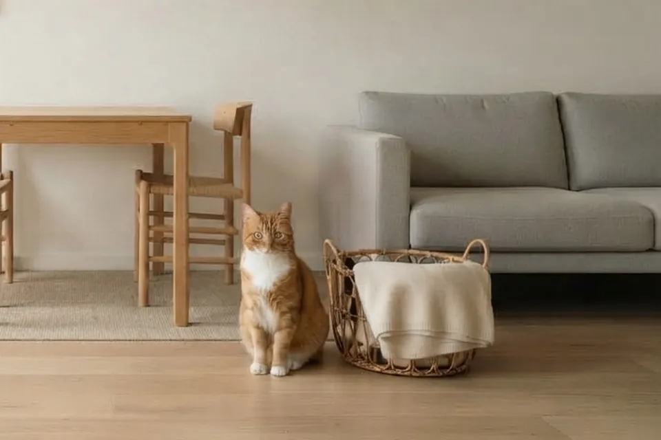 Die Katze sitzt nicht im Korb, sondern neben dem Korb.