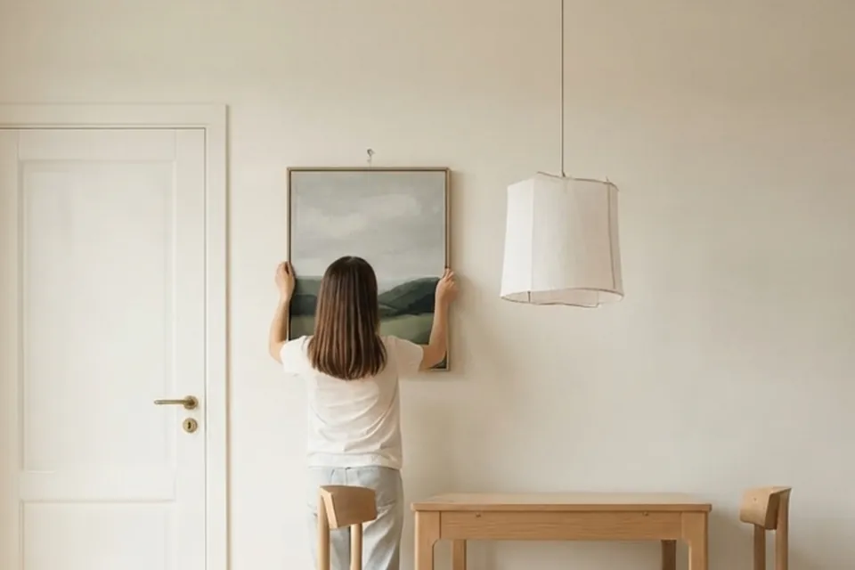 Ich hänge das Bild an die Wand.