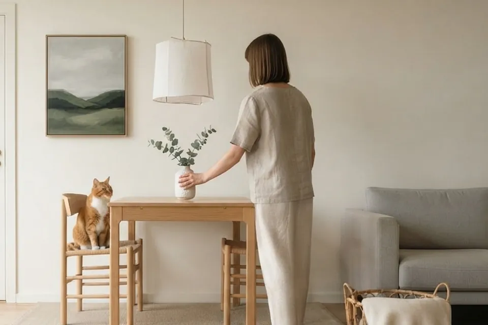 Ich stelle die Vase auf den Tisch.