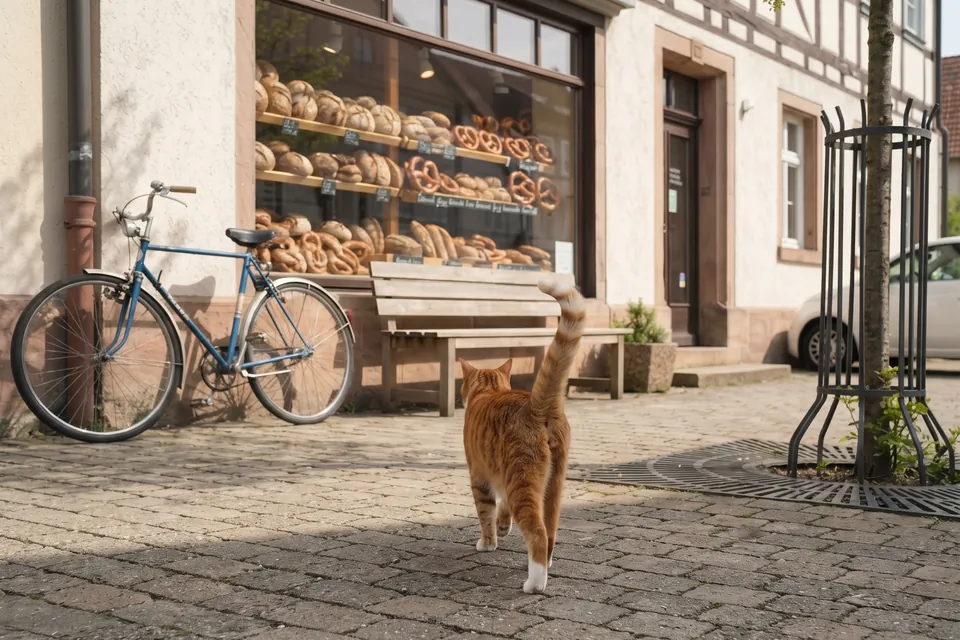Da vorne ist die Bäckerei. Die Katze geht hin.