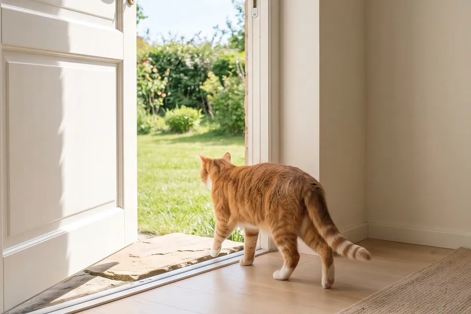 Die Katze geht nach draußen.