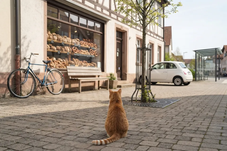 Die Katze sitzt gegenüber der Bäckerei.