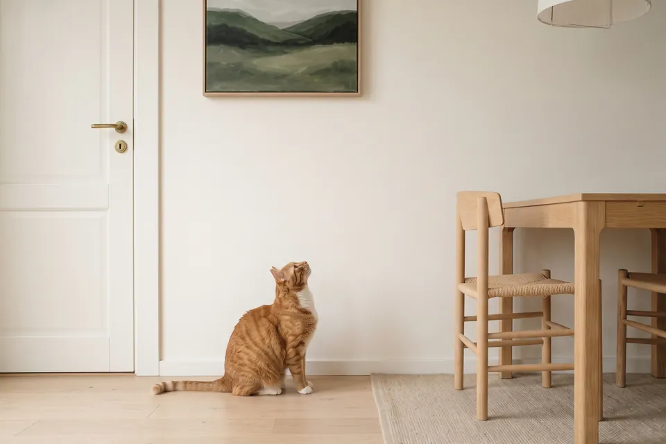 Die Katze schaut nach oben.