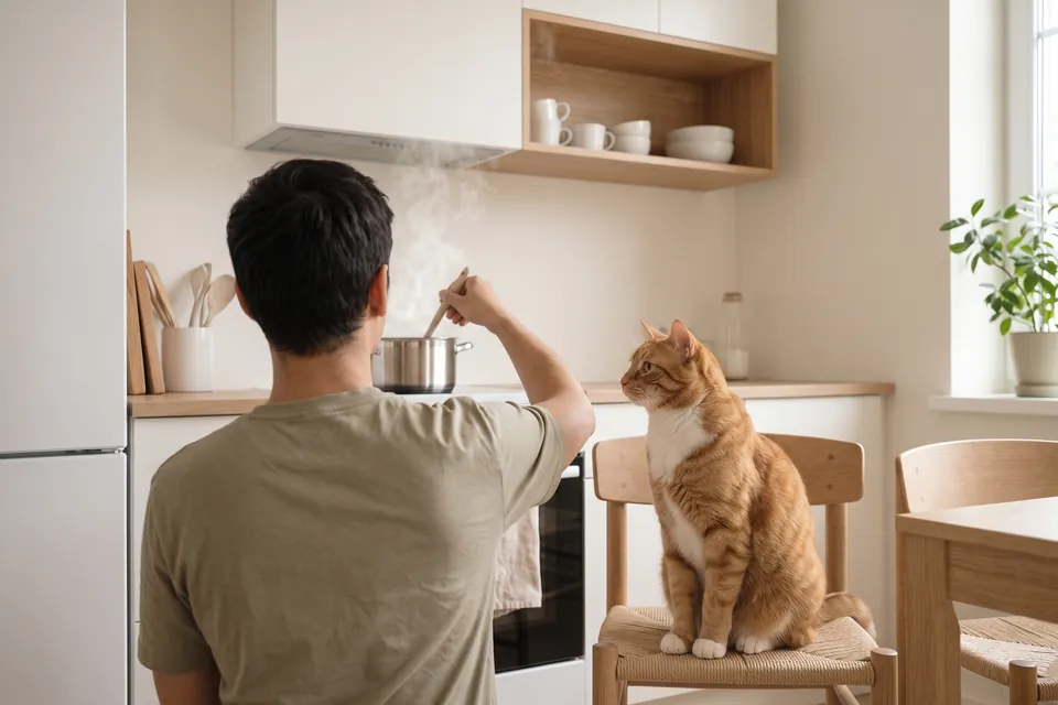 Während ich koche, schaut die Katze zu.