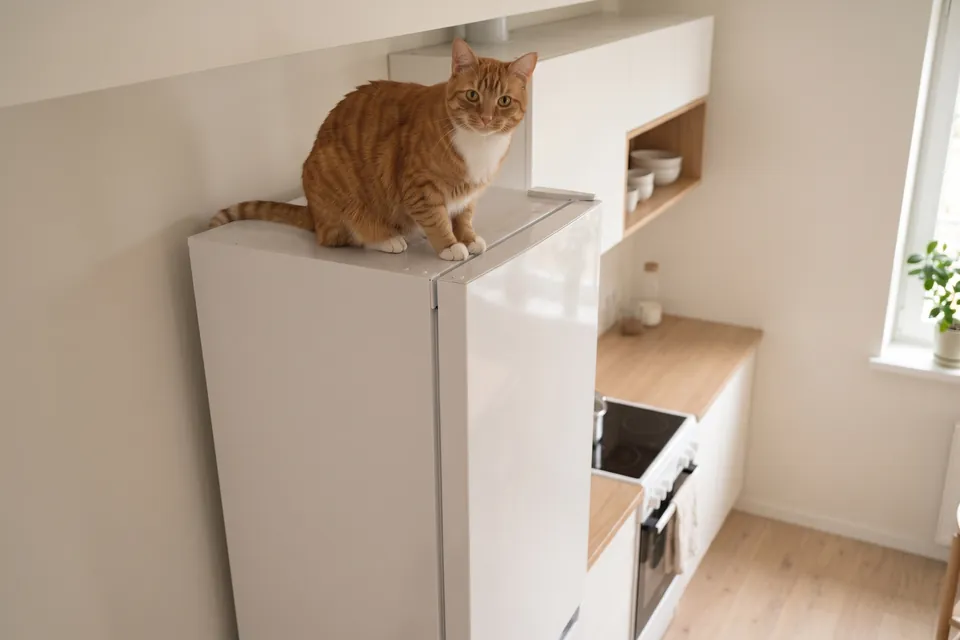Die Katze sitzt oben auf dem Kühlschrank.