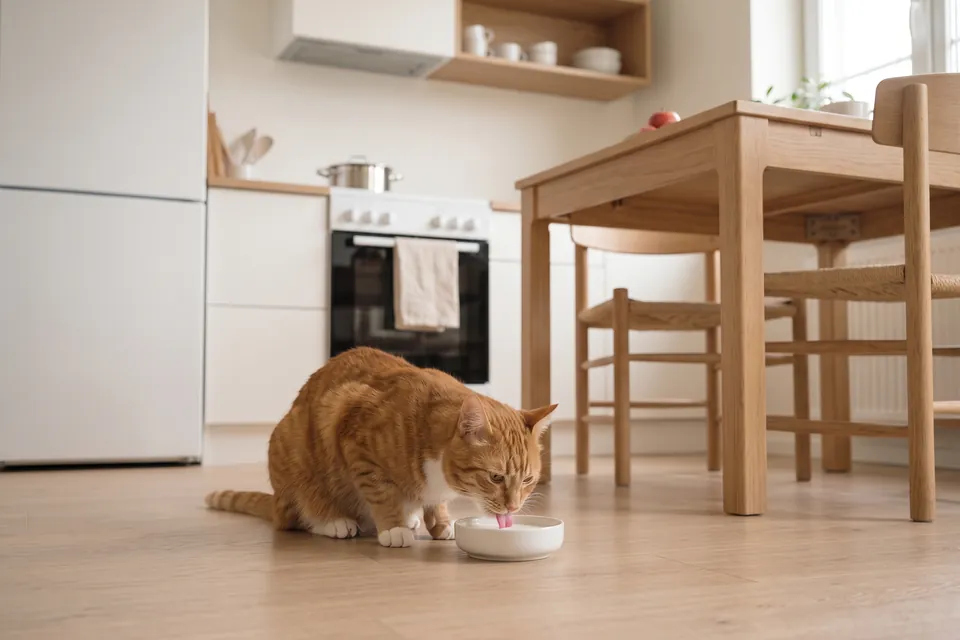 Die Katze trinkt gern Milch.