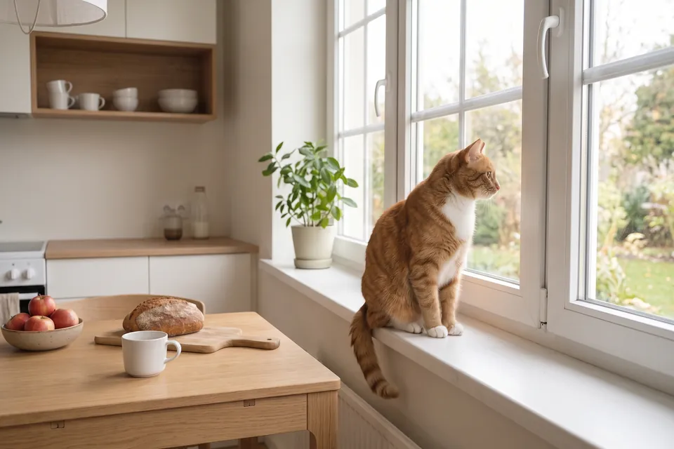 Die Katze sitzt oft am Fenster.